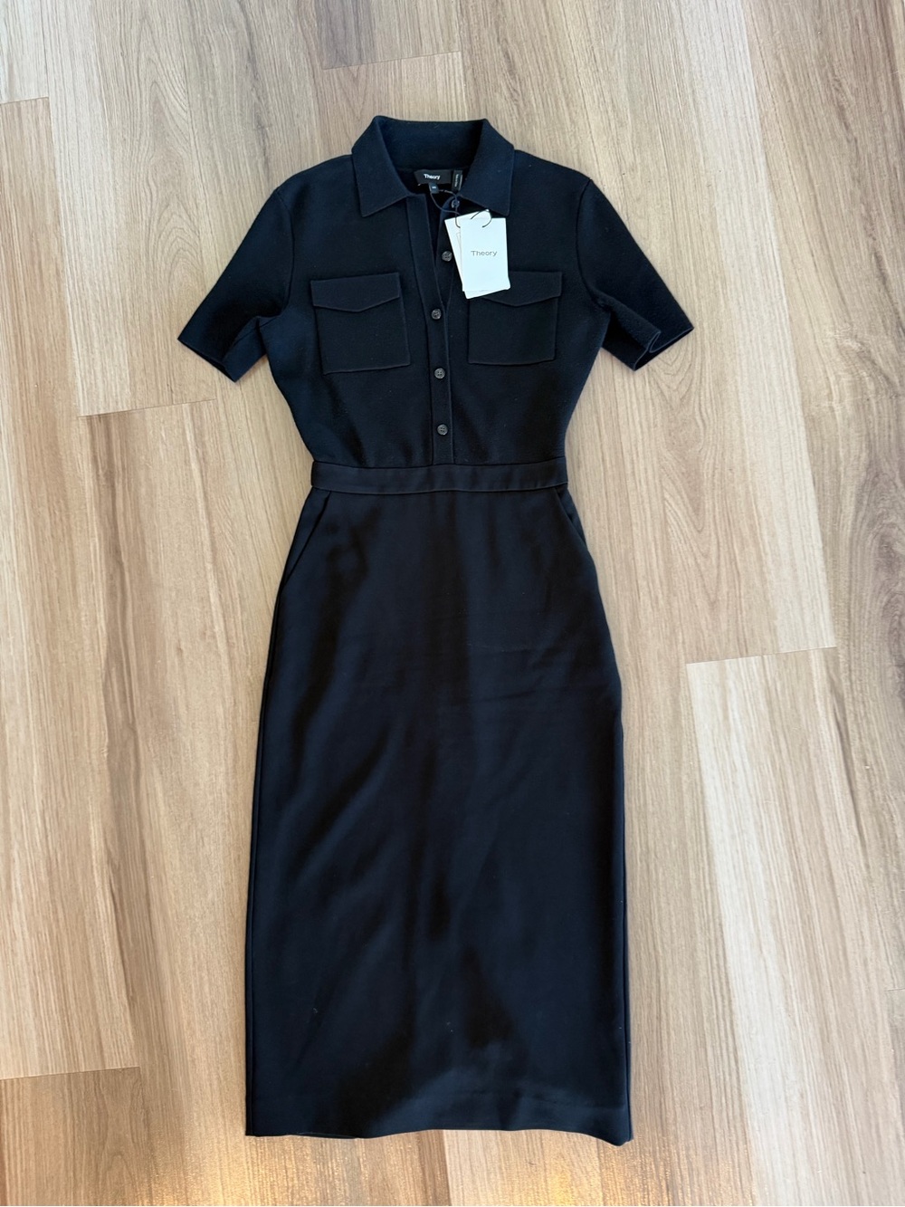 NEW Theory Black Short-Sleeve Midi DRESS - Picture 2 of 7
